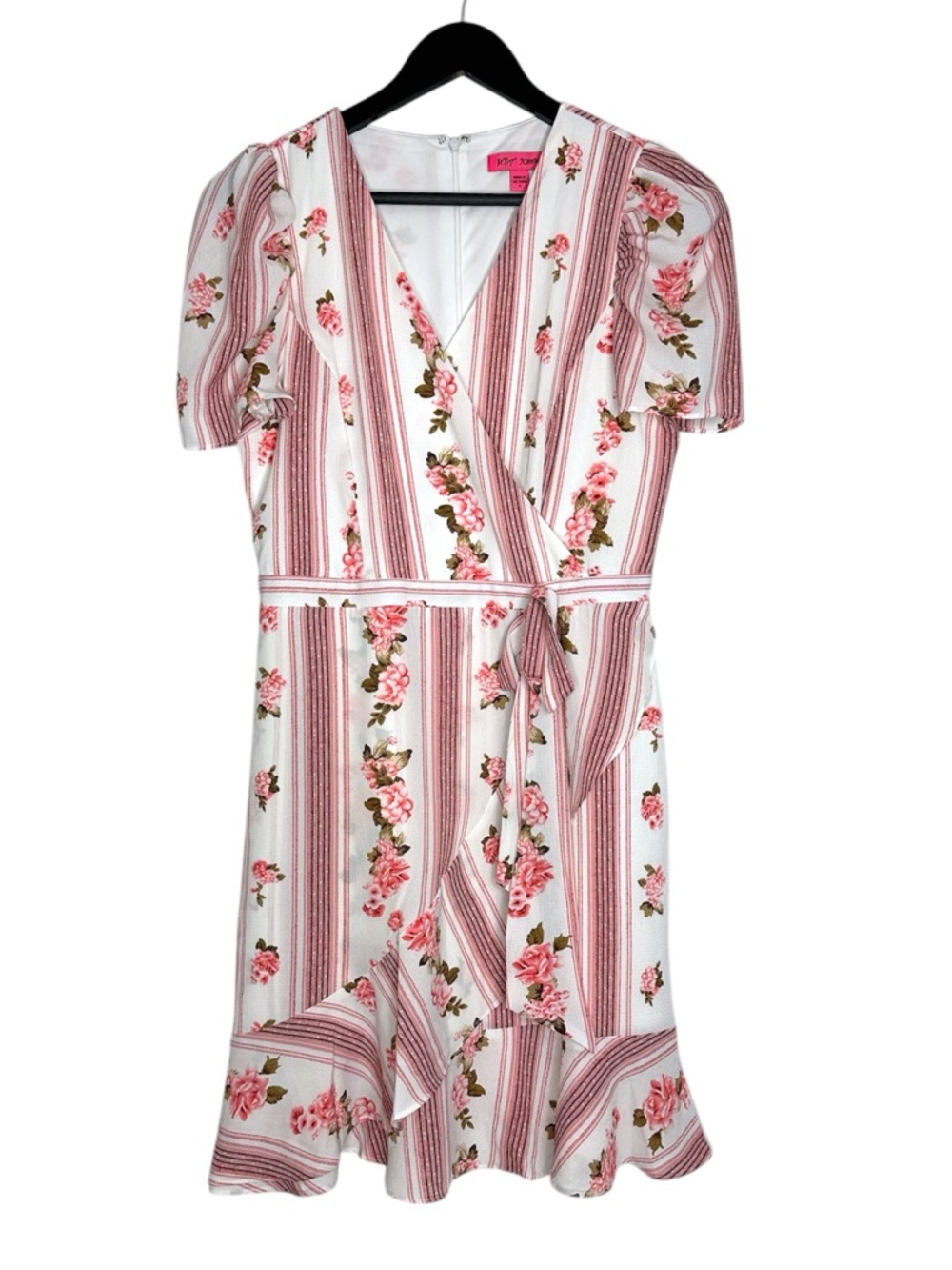 Betsey Johnson Floral Stripe Wrap Dress Pink Rose Cottagecore Size 4 Romantic